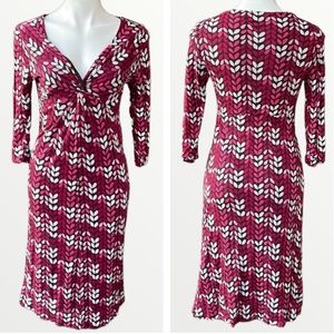 Boden Pink Brown Floral Leaf Print Twist Knot Front Midi Dress
